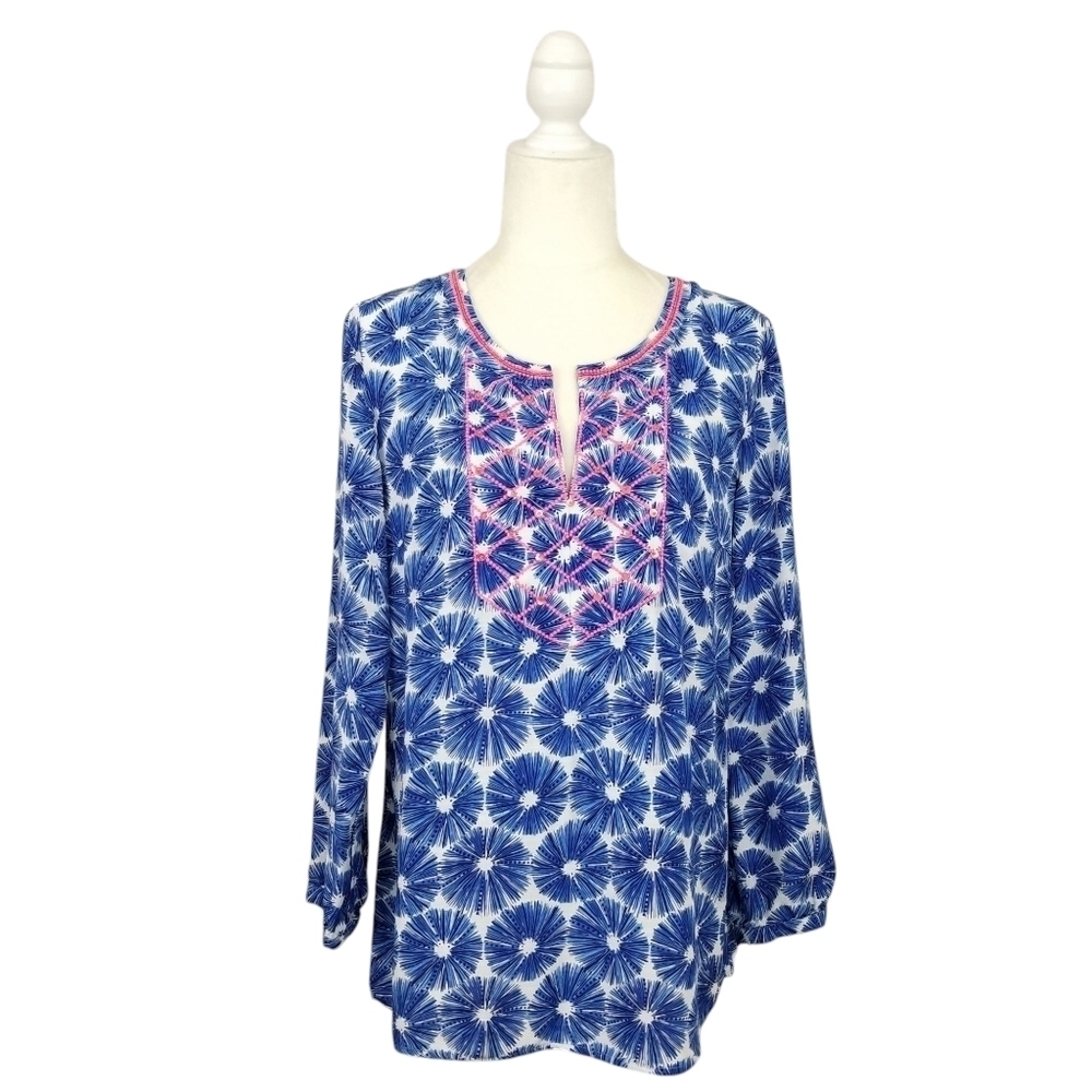 Vineyard Vines blue white Sea Urchin Print pink beaded tunic top Women's Size M